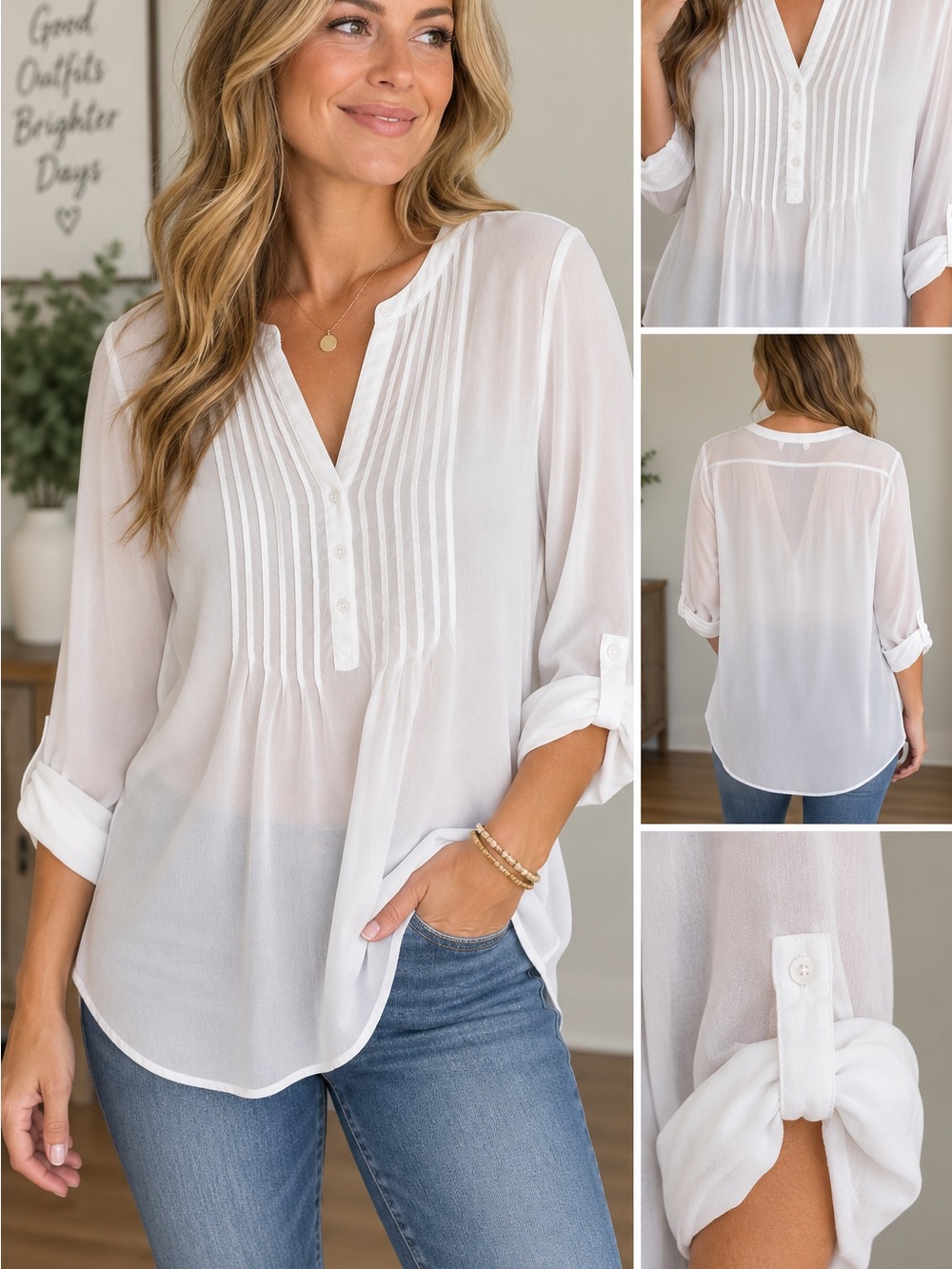 Old Navy White Pintuck Tunic Blouse XL Roll Tab Sleeve Sheer Hi Low Top
